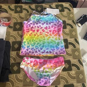 Girls Rainbow Leopard Print 2-Piece Swimsuit Set – Size 130